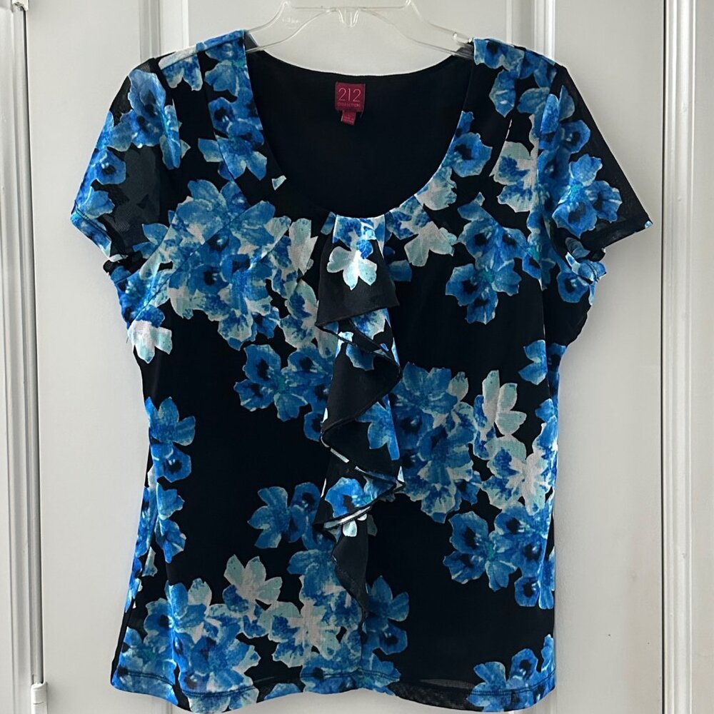212 Collection Black and Blue Floral Lined Blouse Size L